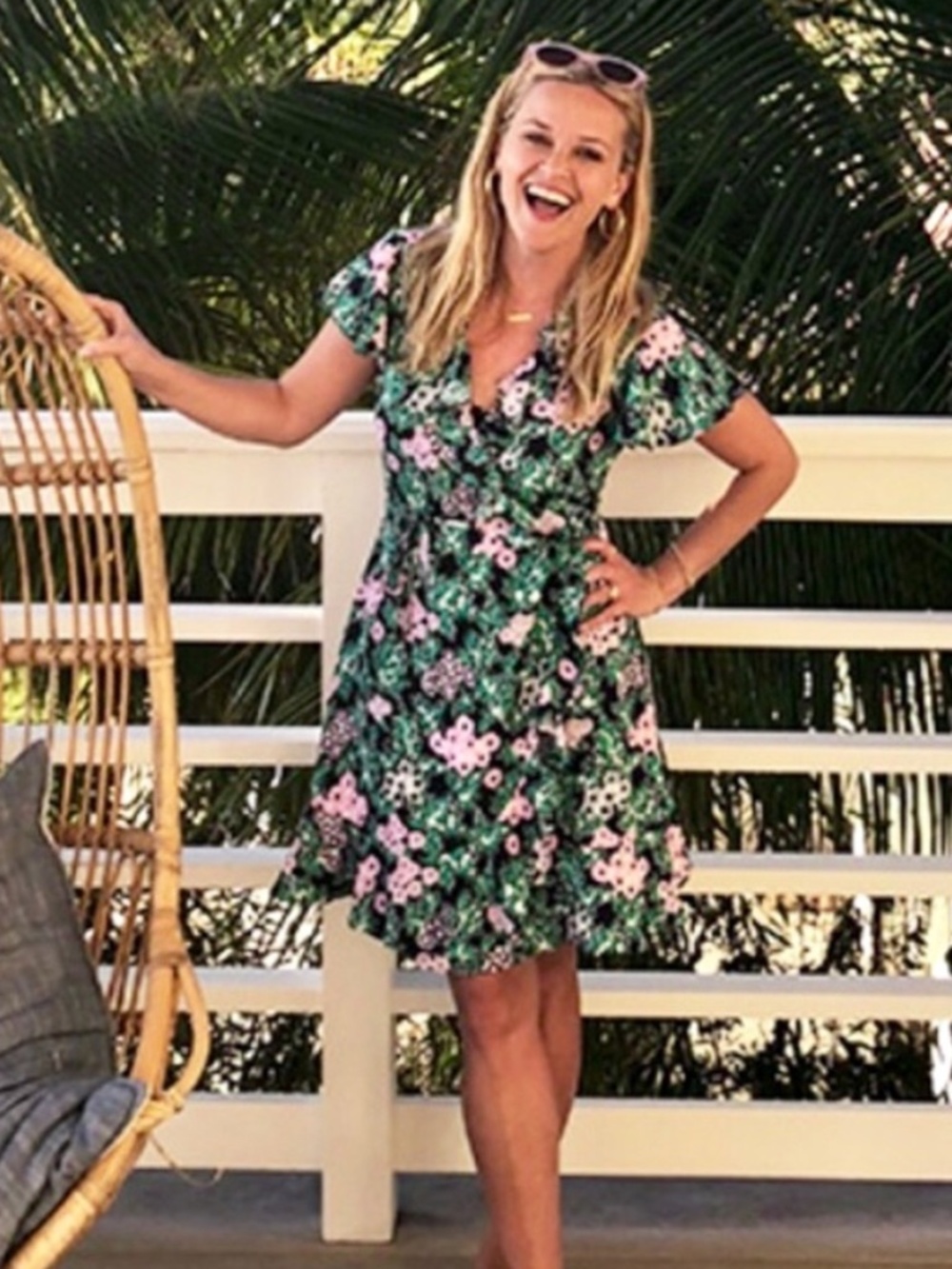 DRAPER JAMES Tropical Floral Short Ruffle Wrap Dress